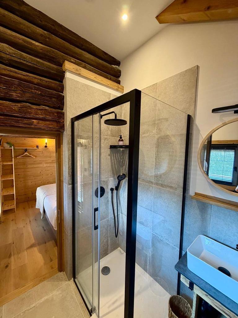 Shower against the original log wall